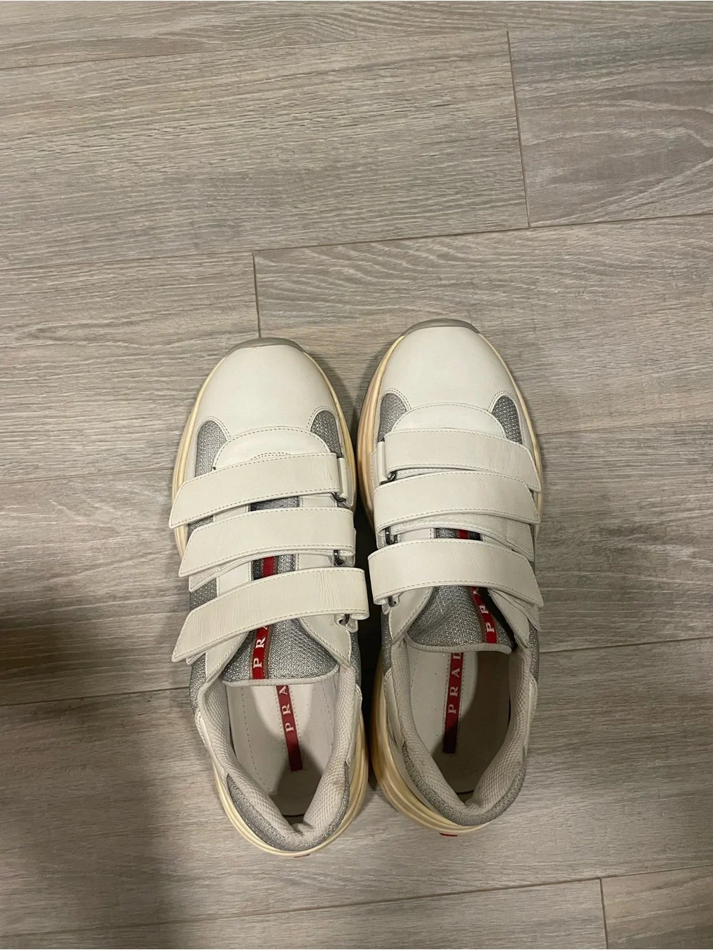 Prada mens White and Gray Velcro Sneakers with Red Accent